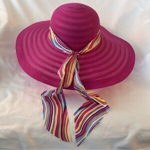 Lucky  7 Stylish Hot Pink Beach Floppy Straw Paper Hat w/ Rainbow Ribbon Shade